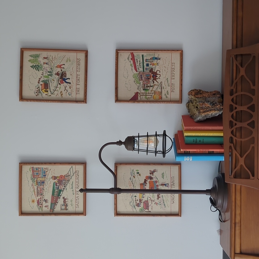 Set of Four Vintage Prints of US History Pony Express, Wagon Train, Railroad